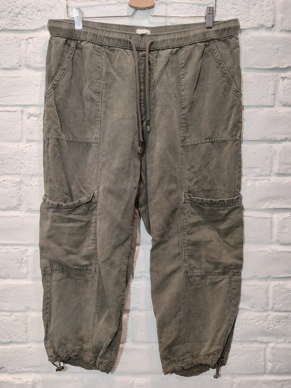 Nicole Miller Cargo Pull On Pants Women XL Green Cropped Linen Lyocell Lagenlook